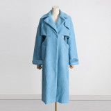 Autumn New European and American Fashion Hollow out Design Feeling Twisted Waist Slim and Long Blue Plush Coat for Women