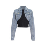 French retro denim jacket, spring new fashionable lapel splicing, single breasted long sleeved short jacket, women's trend