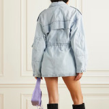Spring New Fashionable Multi Pocket Design Feels Slim and Slim, Mid length Workwear Style Denim Coat for Women