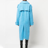 Autumn New European and American Fashion Hollow out Design Feeling Twisted Waist Slim and Long Blue Plush Coat for Women