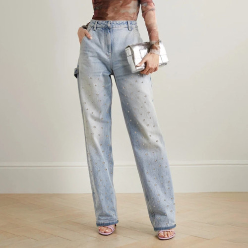 Spring New Heavy Industry Nail Bead Design Feeling Straight Tube Pants with High Waist, Slim and Fashionable Style, Versatile Denim Pants