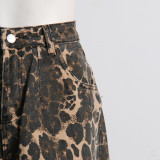 Spring New American Retro Leopard Print High Waist Slim Straight leg Pants with Small Design and Perforated Jeans