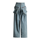 Spring New Fashion High Waist Large Pocket Decorative Wide Leg Pants Loose Design Long denim for Women