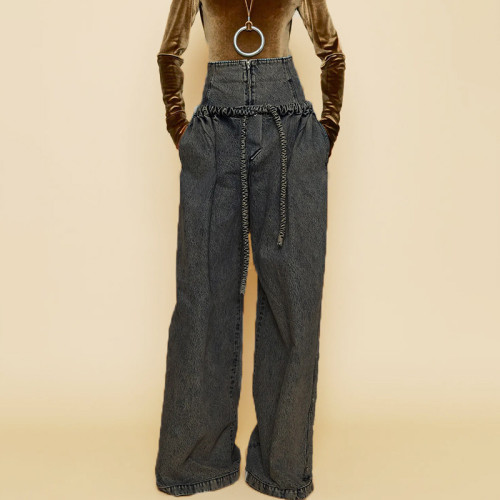 American retro ins style high waisted jeans, spring new loose straight leg high waisted slimming niche pants