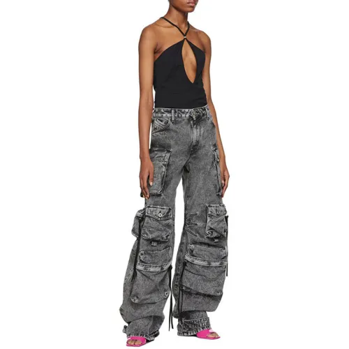 Spring and Autumn New Fashionable Smoke Grey Spliced Multi Pocket Workwear Pants Street Washed and Aged Long Wide Leg Pants