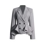 Spring new temperament commuting style double breasted splicing with ruffled edges for a slimming waist short suit jacket