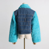 Winter new French fashion denim cotton jacket with patchwork fur design, short warm jacket for women