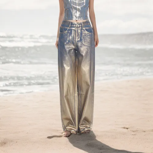 Street trendsetters with hot stamping design feel, high waisted straight leg jeans, women's new vintage trend wide leg pants