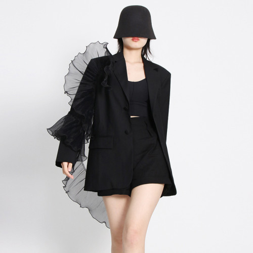 Temperament sexy suit, spring new fashionable mesh three-dimensional ruffle edge irregular loose straight jacket