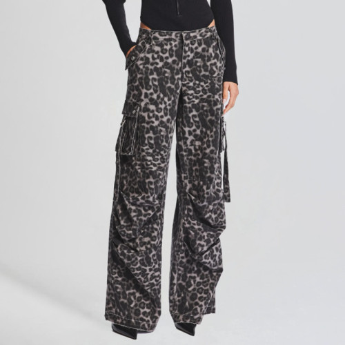 Spring New American Retro Leopard Print Multi Pocket Decorative Design Feeling Workwear Jeans Women's Pants