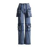 Spring New Fashion High Street Design Sense Pocket Splicing Workwear Style High Waist Straight Tube Denim Pants for Women