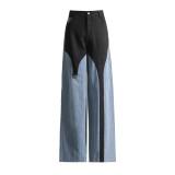 Spring New Fashionable Casual Color Contrast Splicing Design with Irregular Straight Leg Jeans Women's High Waist Pants