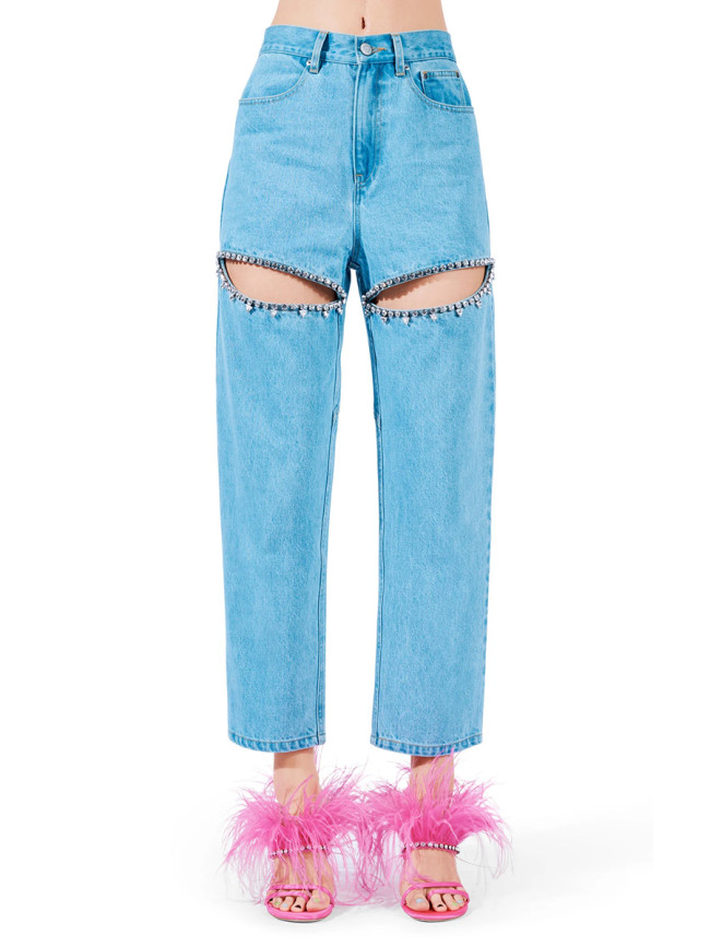 High waisted jeans, women's new style with diamond studded design, niche hollow out jeans, loose straight leg pants