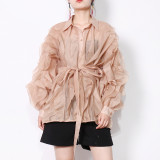 Elegant and niche design with a flip collar, long sleeved, personalized ruffled edge, long sleeved, waistband, solid color women's shirt