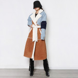 Winter new long denim patchwork lamb wool coat with women's lapel and waist closure for a slimming and stylish coat