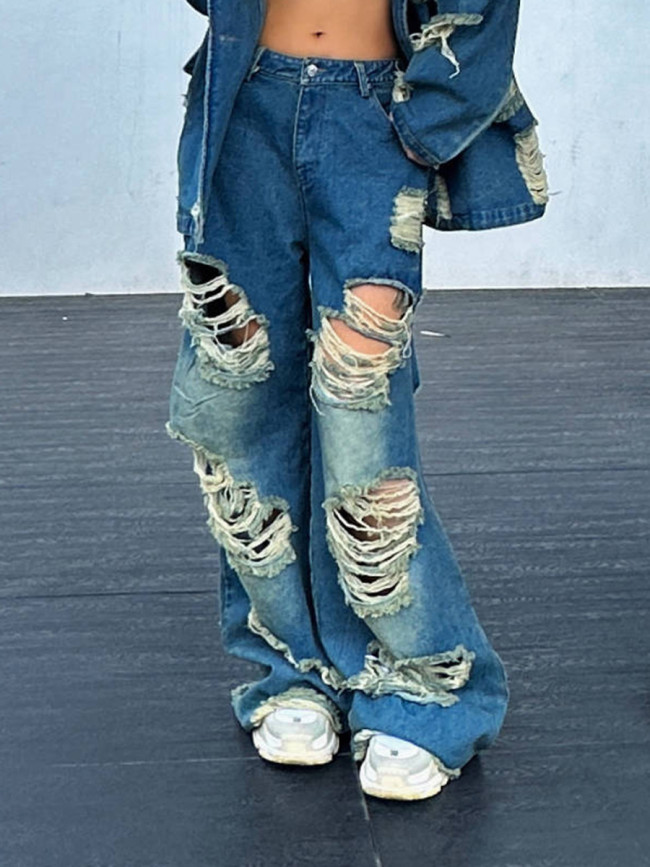 Personalized and fashionable jeans, spring new versatile and distressed design, worn out straight leg long wide leg pants for women