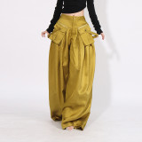 Spring New Fashionable Loose Wide Leg Pants with Folded Spliced Zipper Pocket Design for Straight Leg Casual Pants