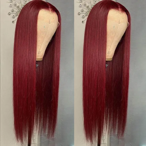 Front lace human hair wig 99j Straight human hair wig wine red wig set