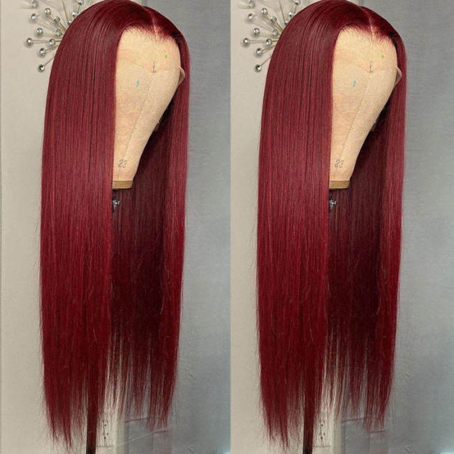 Front lace human hair wig 99j Straight human hair wig wine red wig set