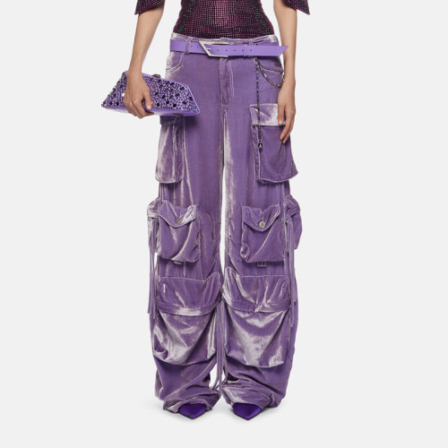 Spring New Fashionable Design Sense Splicing Pocket Decoration Design Sense High Waist Velvet Pants Straight leg Work pants