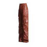 European and American fashion niche girl group members share the same style of multi pocket workwear leather pants, new personalized loose fitting workwear pants