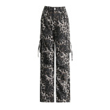 Spring New American Retro Leopard Print Multi Pocket Decorative Design Feeling Workwear Jeans Women's Pants
