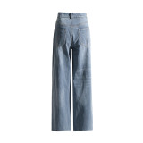 Spring New Fashionable Casual Color Contrast Splicing Design with Irregular Straight Leg Jeans Women's High Waist Pants