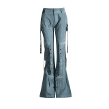 Spring New High Waist Loudspeaked Pants Work Style Slim Fit, Versatile Strap Decorative Floor Sweeping Casual Pants