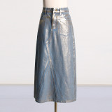 Spring new street trend style hot stamping design, high waisted slimming denim skirt, fashionable A-line skirt