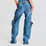 Spring New Fashion High Street Design Sense Pocket Splicing Workwear Style High Waist Straight Tube Denim Pants for Women