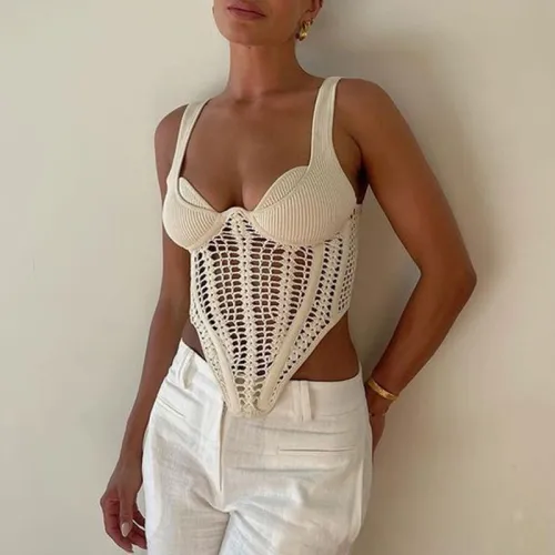 Sexy hollowed out top with a spring new fashionable fishbone waistband fishbone handmade crochet knit vest