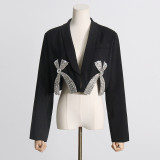 Trendy fashion set, spring new rhinestone bow embellishment, short suit, buttocks wrapped skirt, women's two-piece set