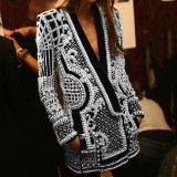 French retro bubble bead printed women's spring new fashionable V-neck long sleeved thickened mid length suit jacket