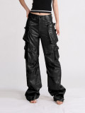 European and American fashion niche girl group members share the same style of multi pocket workwear leather pants, new personalized loose fitting workwear pants