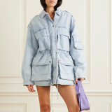 Spring New Fashionable Multi Pocket Design Feels Slim and Slim, Mid length Workwear Style Denim Coat for Women