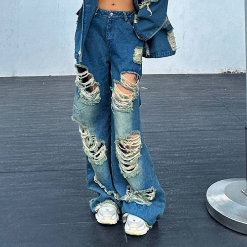 Personalized and fashionable jeans, spring new versatile and distressed design, worn out straight leg long wide leg pants for women