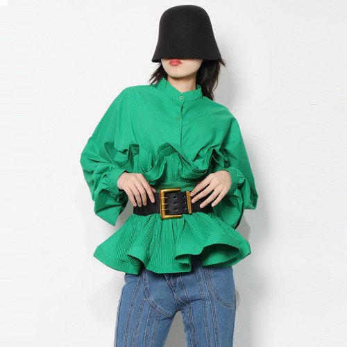 Fashionable versatile shirt for women in spring, new standing collar long sleeved pleated ruffle edge, careful machine tied top