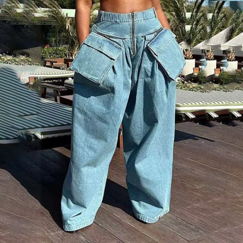 Spring New Fashion High Waist Large Pocket Decorative Wide Leg Pants Loose Design Long denim for Women