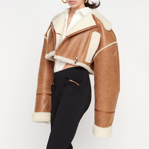 European and American large lapel lamb wool jacket, women's spring new fashionable temperament, plush and thickened short jacket