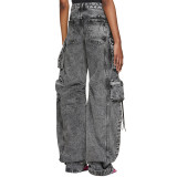 Spring and Autumn New Fashionable Smoke Grey Spliced Multi Pocket Workwear Pants Street Washed and Aged Long Wide Leg Pants