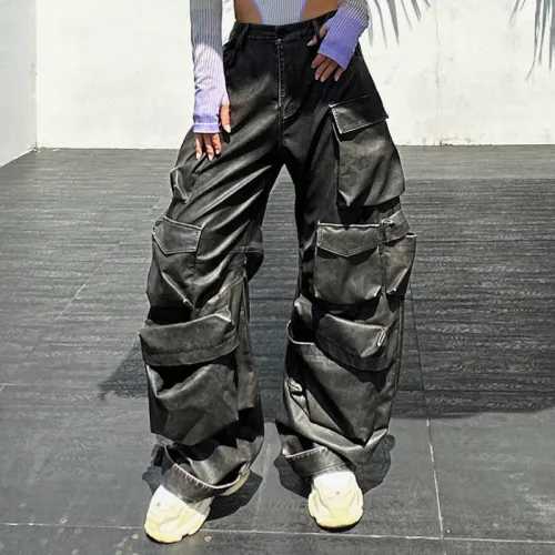 New American style high street heavy craft paint leather pants with multiple pockets, solid color, high waist, wide leg workwear pants for women