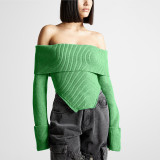 Spring New Fashion Style One Shoulder Slim Fit Long sleeved Knitted Shirt Women's Solid Color Off the Back Sweater