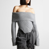 Spring New Fashion Style One Shoulder Slim Fit Long sleeved Knitted Shirt Women's Solid Color Off the Back Sweater