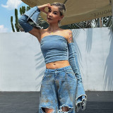 European and American spicy girl style fashion denim short cut bra new trend slim fit and beautiful back top for women wearing on the outside