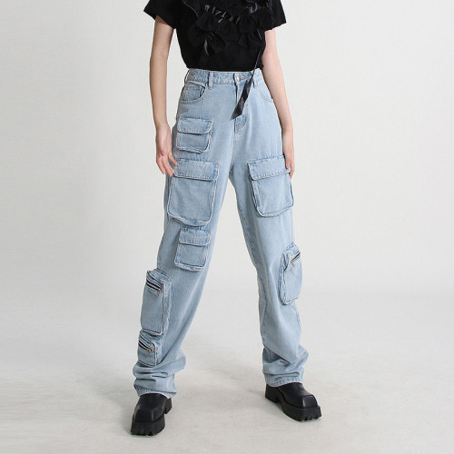 Personalized Street Wash Jeans 2024 Spring and Autumn New Workwear Multi Bag Splicing Loose and Fashionable Casual Long Pants