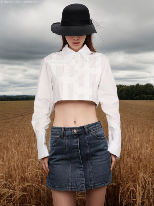 New Fashionable and Elegant Solid Color Stand up Neck, Irregular Splicing Design, Short Naked Shirt for Women