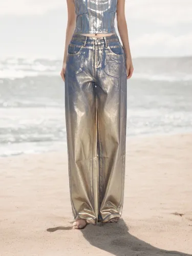 Street trendsetters with hot stamping design feel, high waisted straight leg jeans, women's new vintage trend wide leg pants