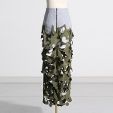New personalized trend military green irregular hollow patchwork camouflage design for women's long skirt