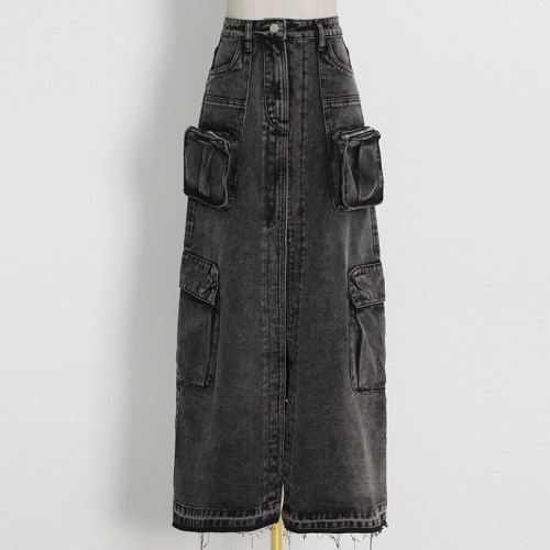 Personalized design sense A-type half skirt, spring new fashionable temperament patchwork pocket half skirt for women