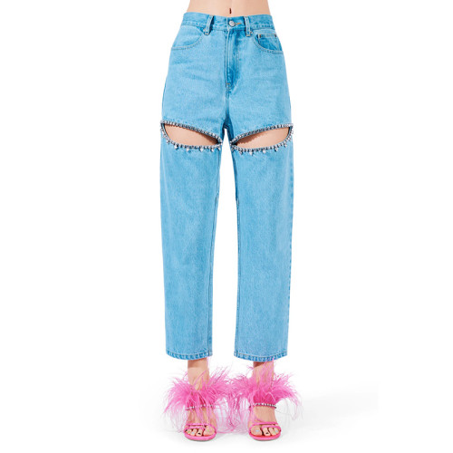 High waisted jeans, women's new style with diamond studded design, niche hollow out jeans, loose straight leg pants